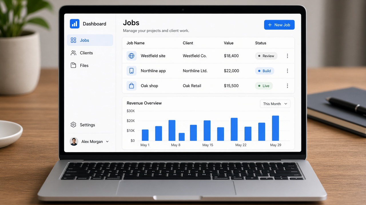 A laptop showing a client dashboard with jobs, prices, and a chart