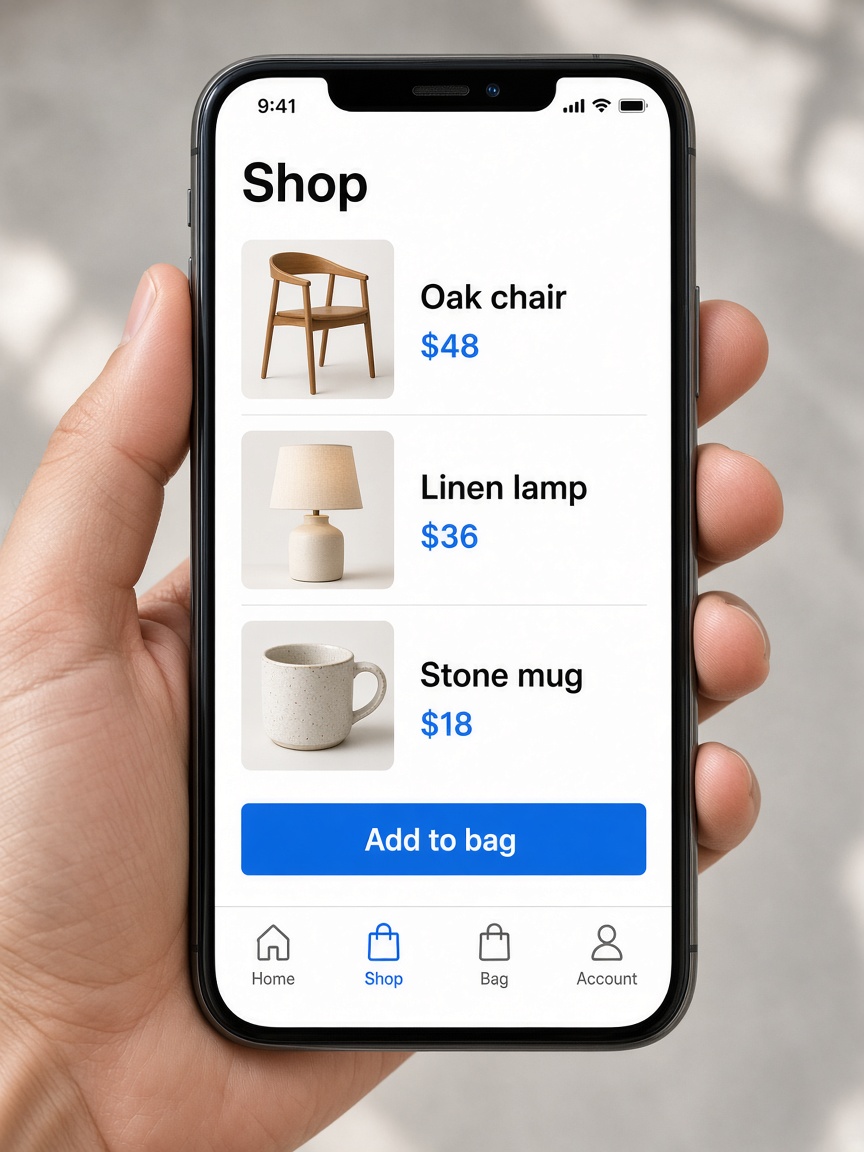 A hand holding a phone showing a shop app with products, prices, and an add-to-bag button