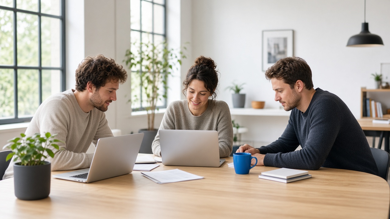 A small team working together with laptops in a bright studio