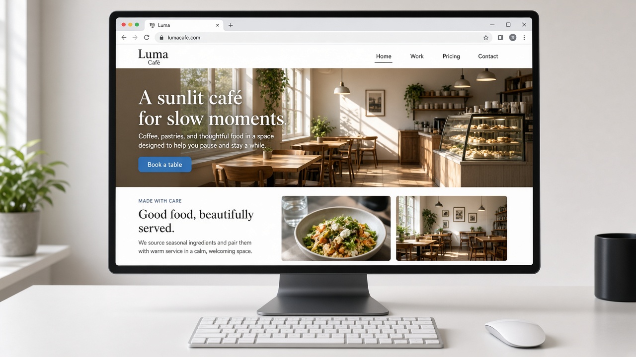 A monitor showing a finished cafe website with photos, navigation, and a booking button